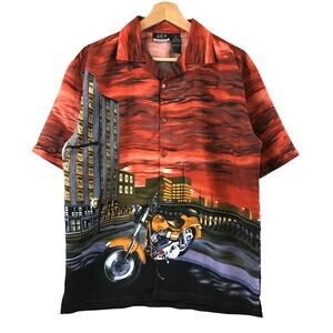 J/E/T Mens Motorcycle Graphic Button Up Casual Shirt XL Hawaiian Style